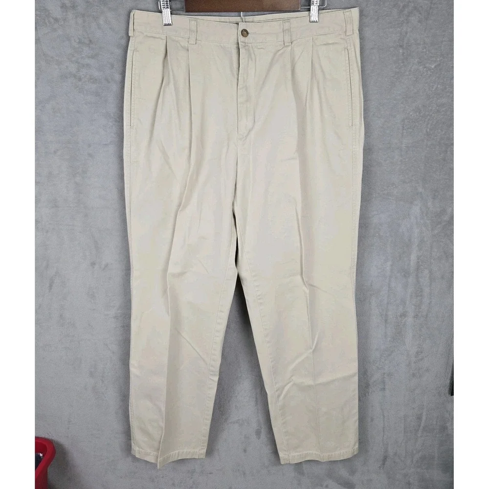 Brooks Brothers Mens 35x32 Khaki Pleated Chino Pants Cotton Twill Tan Trousers